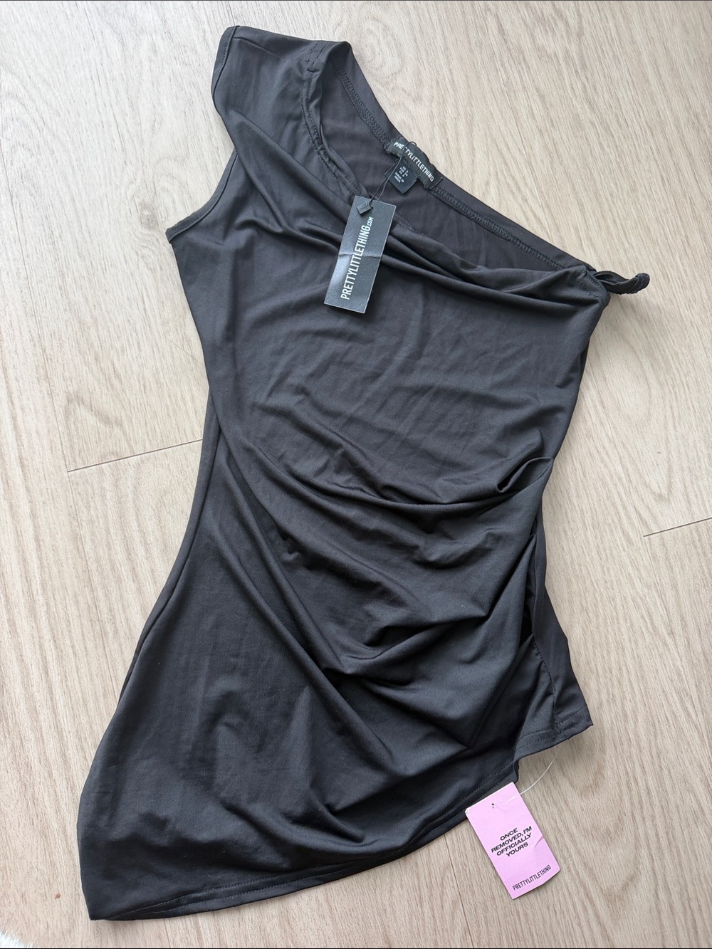 PrettyLittleThing Black One-Shoulder Ruched Side Dress